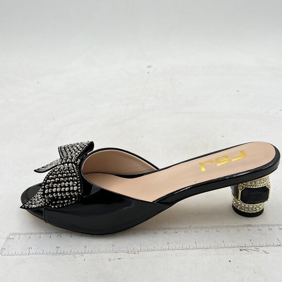 FSJ Black Low Heel Rhinestone Bow Mule Sandals Peep Toe Crystal Slipper - Picture 2 of 8